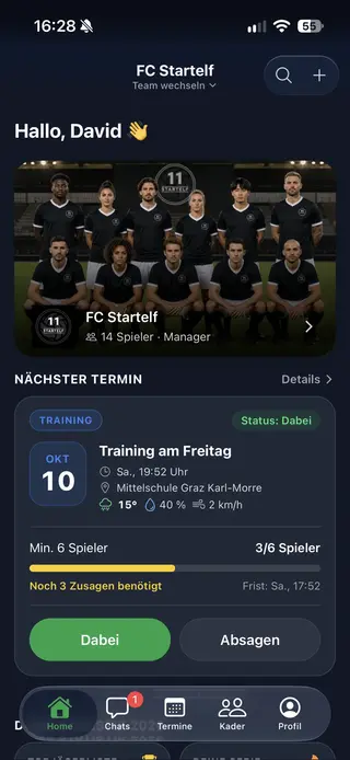 Startelf Fußball-App: Startseite mit Teamfoto und nächstem Termin samt Wetter, Stand der Zusagen und Buttons für Zu- und Absage
