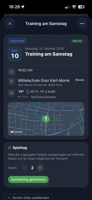 Startelf Fußball-App: Termin-Details mit Uhrzeit, Ort, Wetter, Kartenvorschau mit Route und Spieltag-Funktion für faire Teams