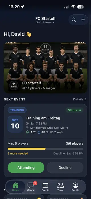 Startelf football team app: home screen with team photo and next event including weather, RSVP progress and accept/decline buttons