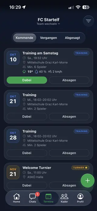Startelf Fußball-App: Terminliste mit Trainings und Turnier – Ort, Mindestzahl, Wetter und Zu- oder Absage direkt in der Liste