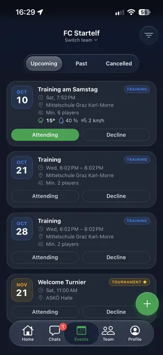 Startelf football team app: event list with training sessions and a tournament – place, minimum, weather and accept/decline in the list