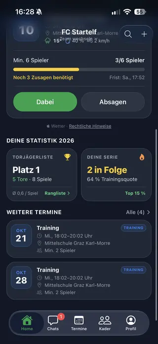 Startelf Fußball-App: persönliche Statistik mit Platz in der Torjägerliste, Toren pro Spiel und Zusagen in Folge, darunter weitere Termine