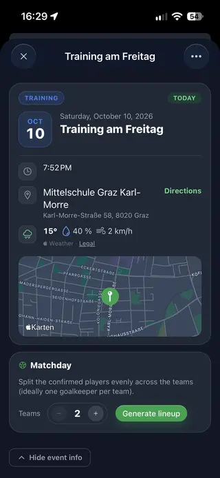 Startelf football team app: event details with time, place, weather, map preview with directions and match-day tool for fair teams